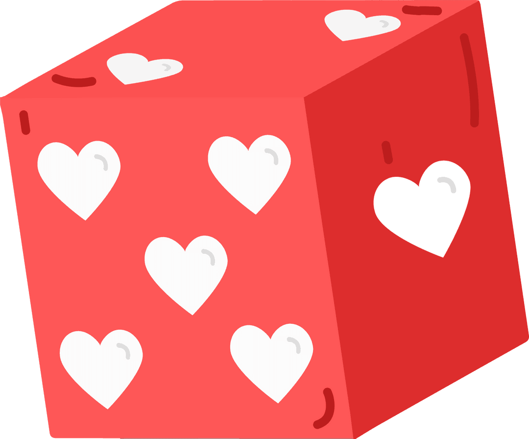 Floating Red Dice Cube with Heart Motifs Vector Art Transparent