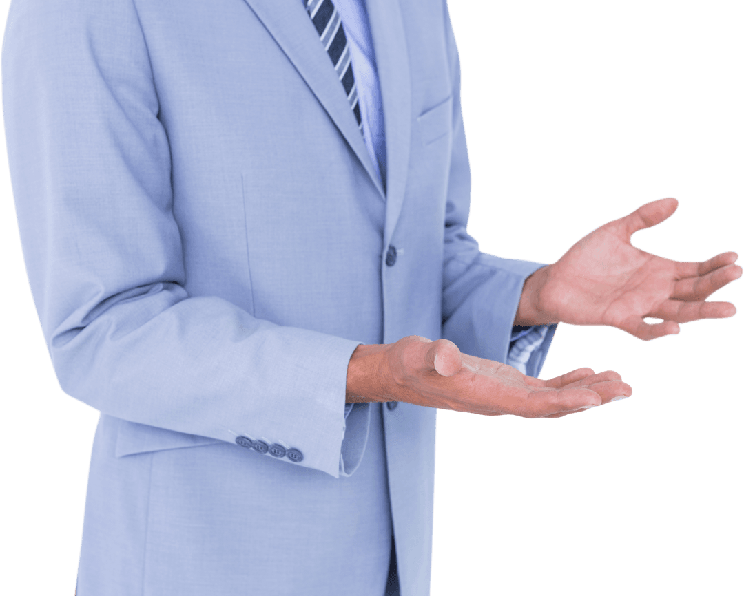 Businessman Gesturing with Transparent Hands in Modern Suit