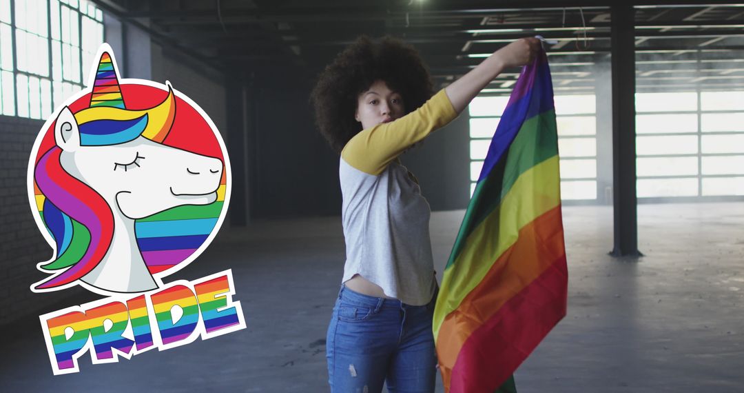 Woman Displaying Rainbow Flag for LGBT Pride Ethereal Unicorn Design