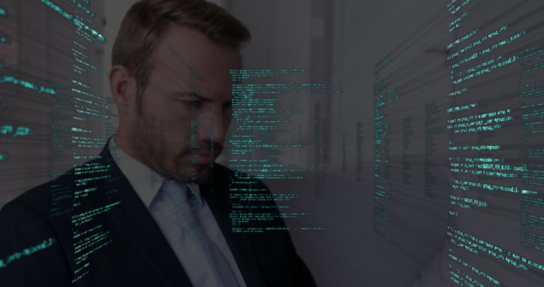 Caucasian Businessman Analyzing Data Streams on Laptop