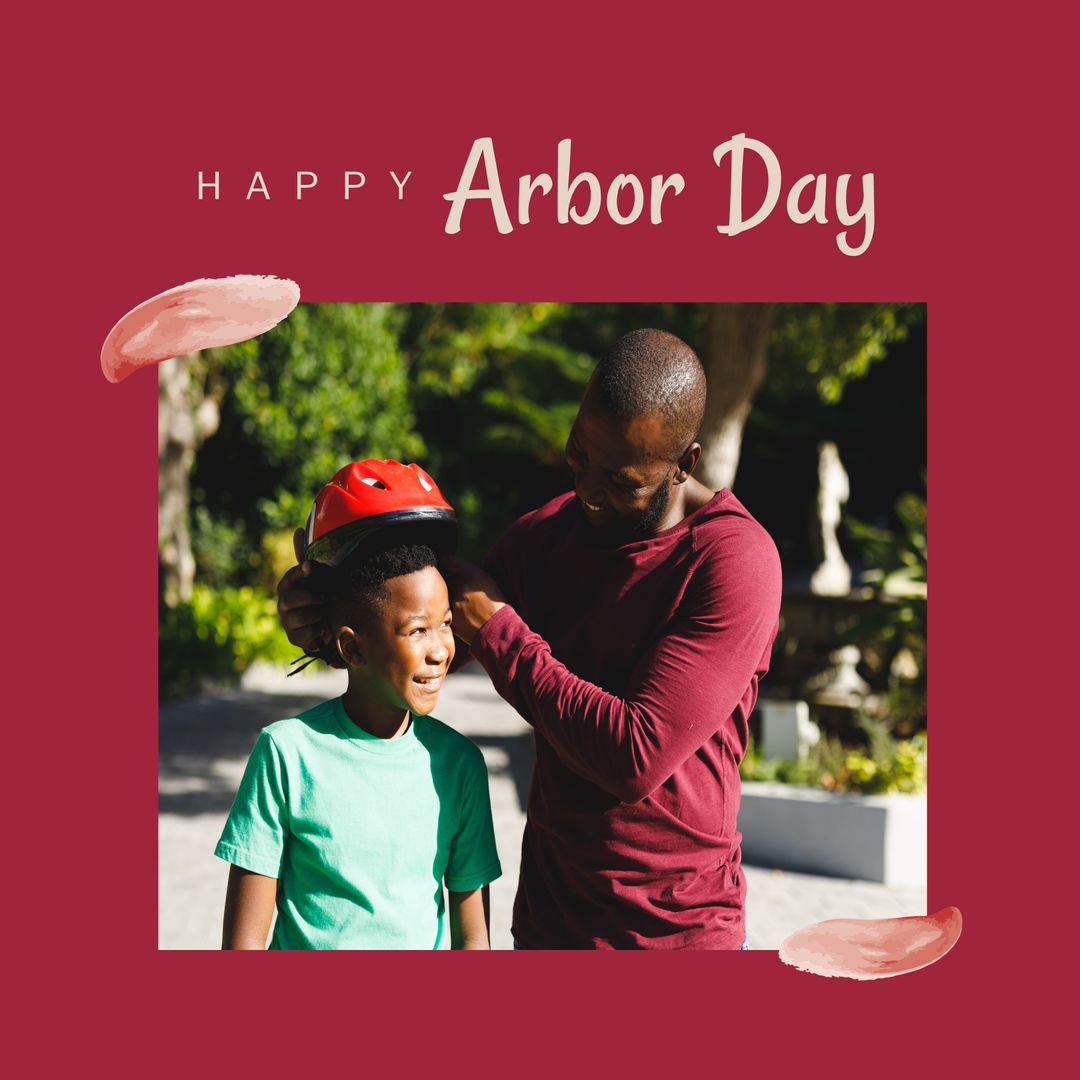 Father and Son Celebrating Arbor Day with Helmet Safety