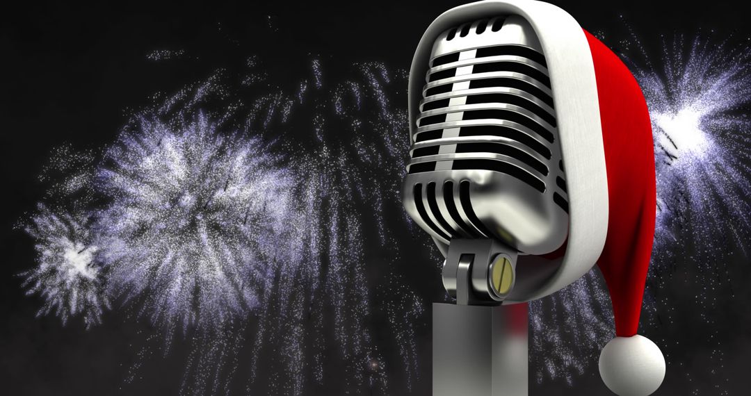 Retro Microphone with Santa Hat and Fireworks