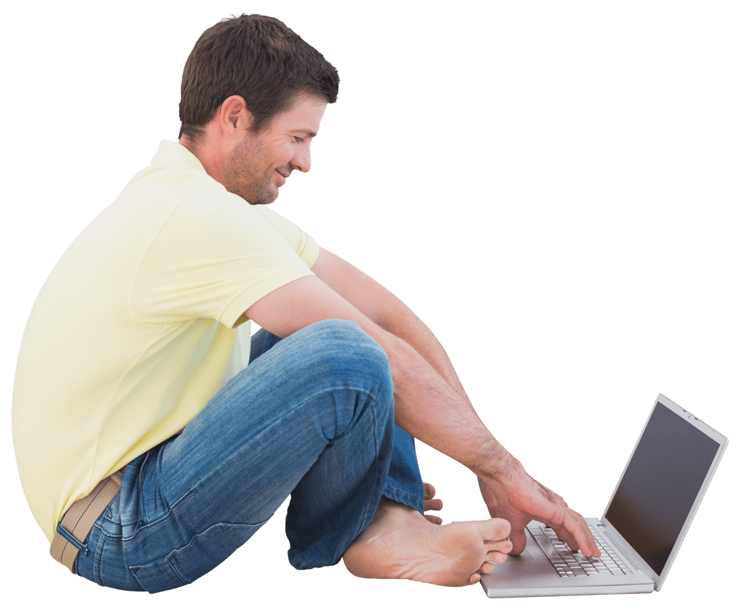 Transparent Young Man Smiling with Laptop on Floor