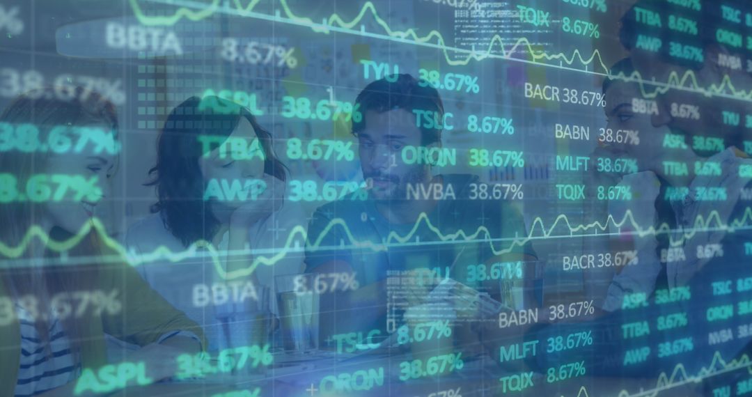 Diverse Team Analyzing Global Stock Market Trends in Modern Office