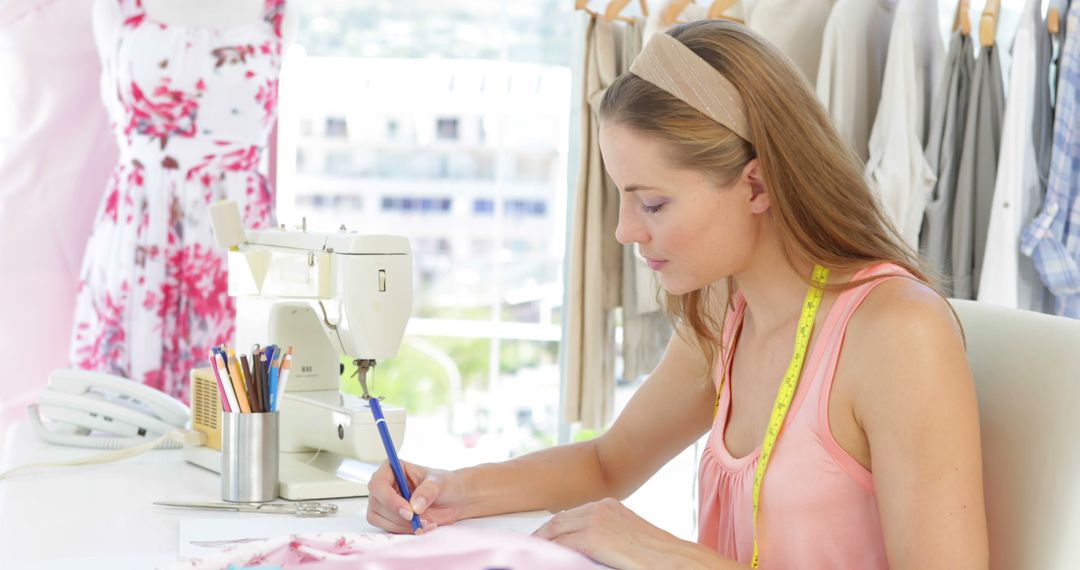 Female Fashion Designer Sketching in Studio with Sewing Machine - Free Images, Stock Photos and Pictures on Pikwizard.com