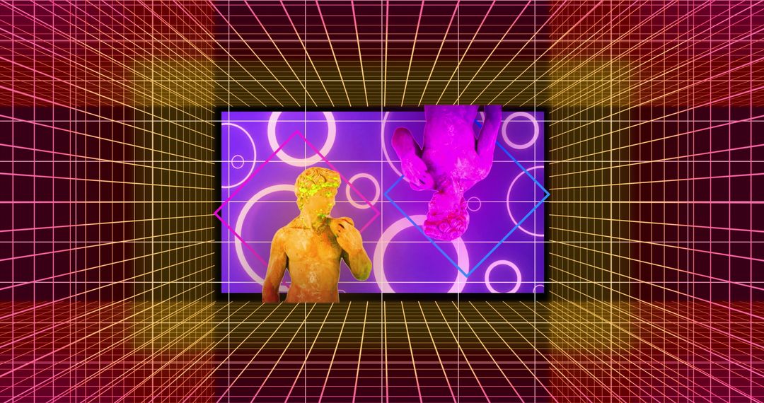 Abstract Neon Pattern with Sculptures and Digital Interference