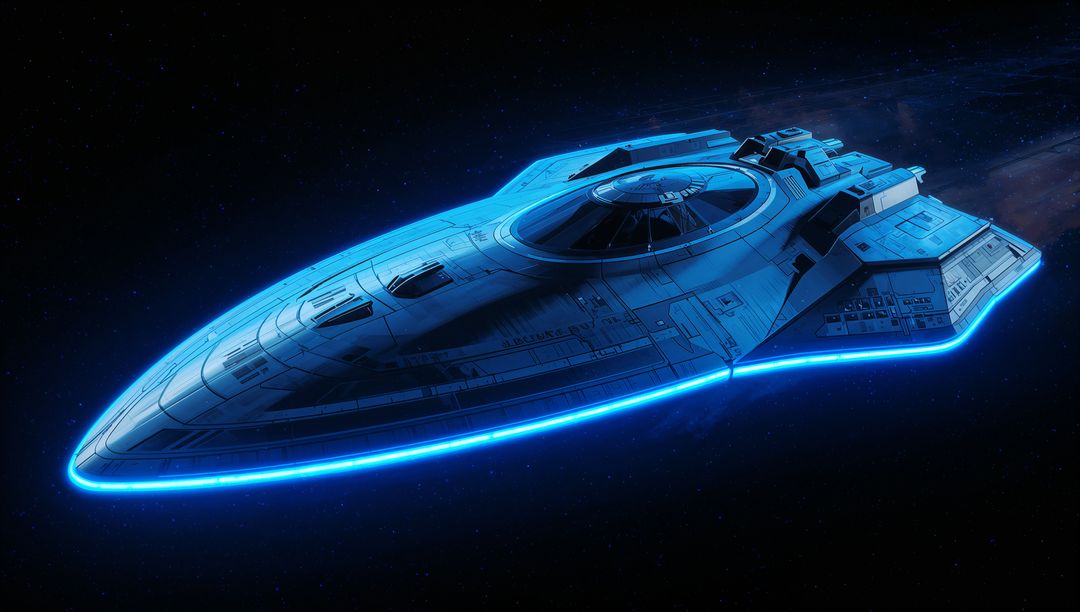 Sleek Blue-Lit Starship Gliding Through Deep Space with Neon Cyan Rim and Domed Bridge