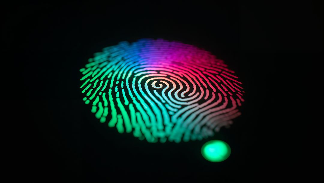 Glowing Neon Fingerprint Scanner Showing Multicolor Biometric Touch ID Closeup for Security