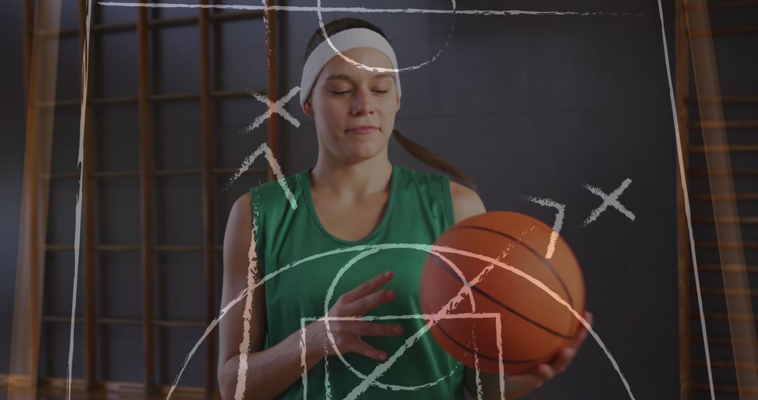 Female Basketball Player with Strategy Diagram Overlay