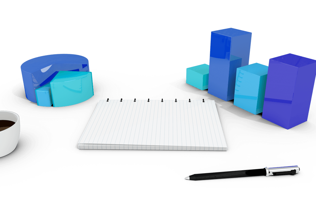 Transparent Notebook and 3D Charts Illustration for Business Concepts