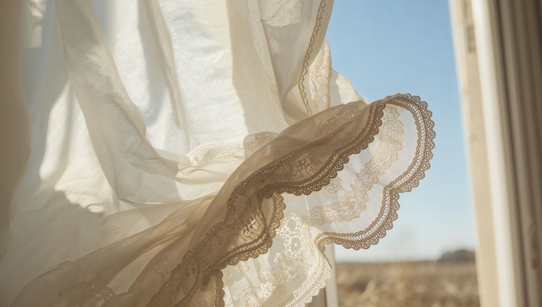 Billowing Lace-Edged Sheer Curtain Backlit by Warm Sunlight Over Meadow View