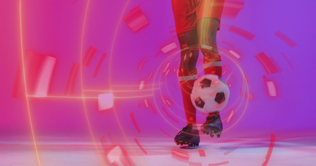 Dynamic Soccer Player Kicking Ball amid Digital Graphics