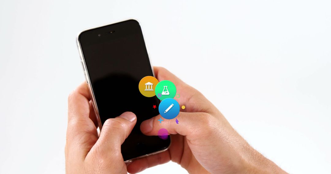 Hands Using Smartphone with Colorful Digital Icons Overlay