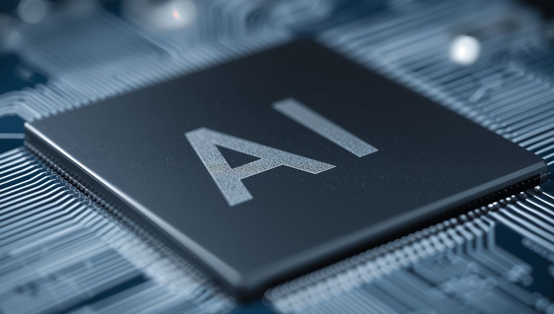 AI processing chip resting on blue PCB closeup showing solder pads and reflective traces
