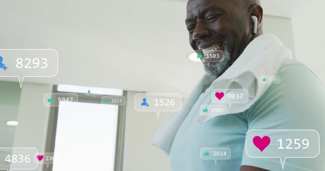 Fit Man Lifting Dumbbells with Social Media Icons Overlay