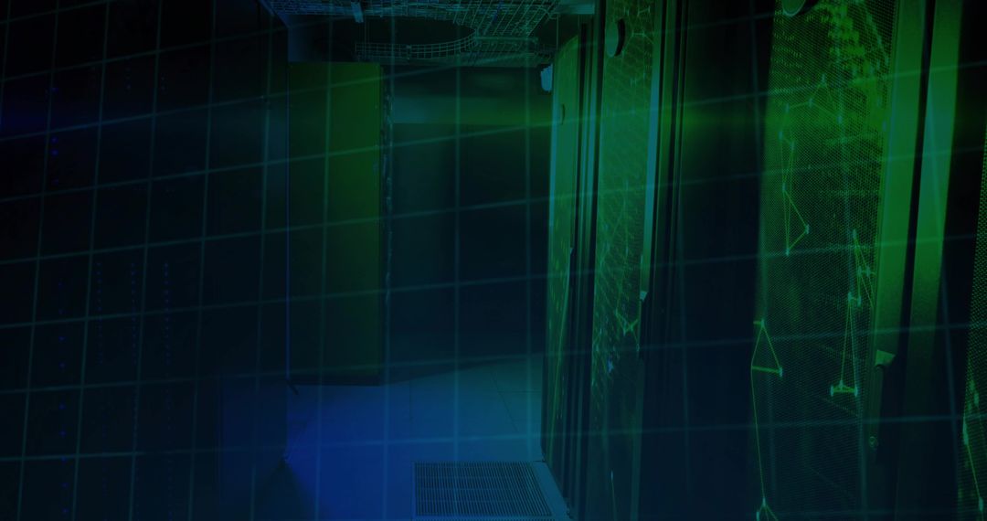 Futuristic data center corridor with glowing server racks and holographic grid overlay
