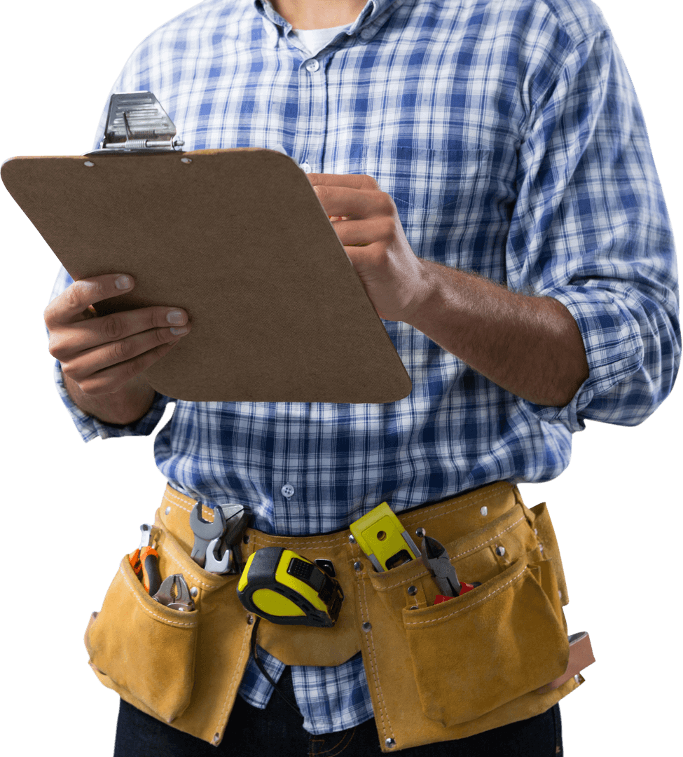 Employee Holding Clipboard with Tool Belt on Transparent Background