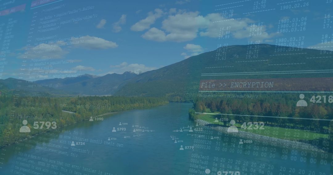 Nature and Technology Fusion with River and Digital Code Overlay