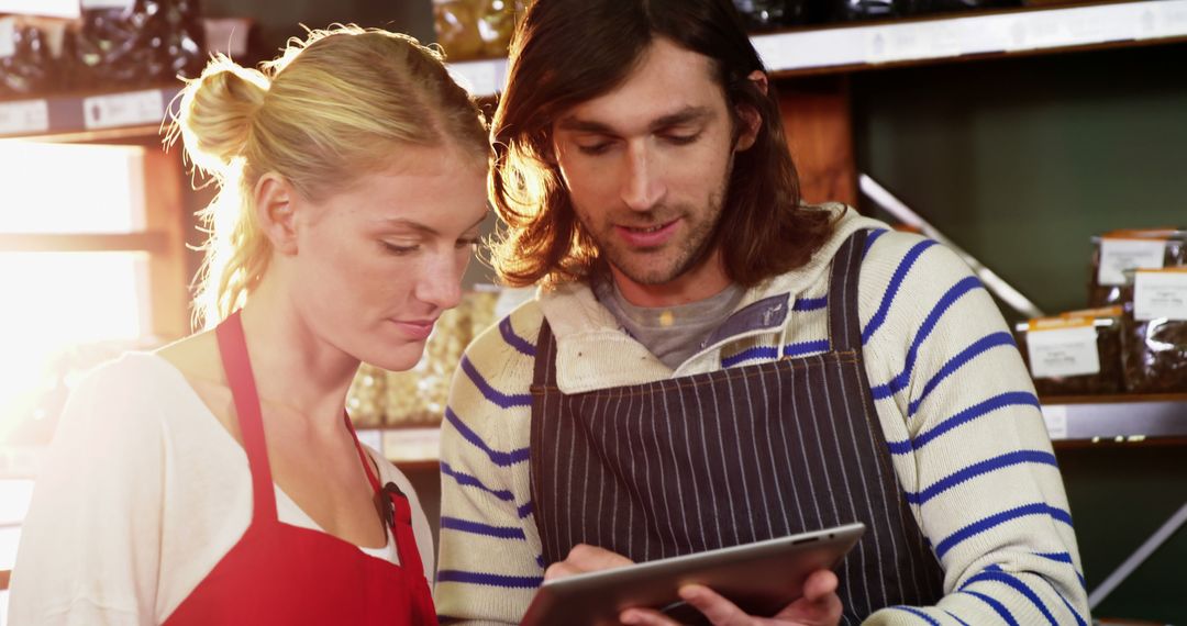 Two Coffee Shop Employees Discussing Work Using Digital Tablet - Free Images, Stock Photos and Pictures on Pikwizard.com