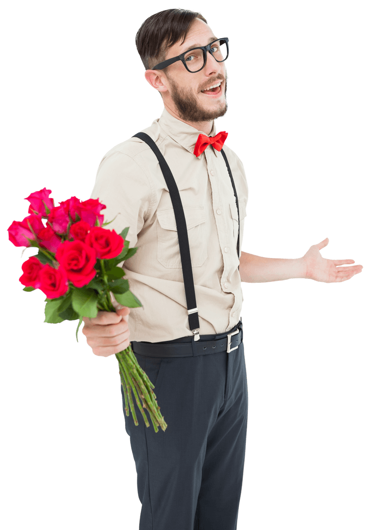 Transparent Hipster with Bow Tie Offering Roses