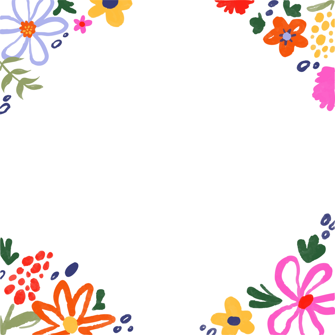 Hand-Drawn Vibrant Floral Frame on Transparent Background