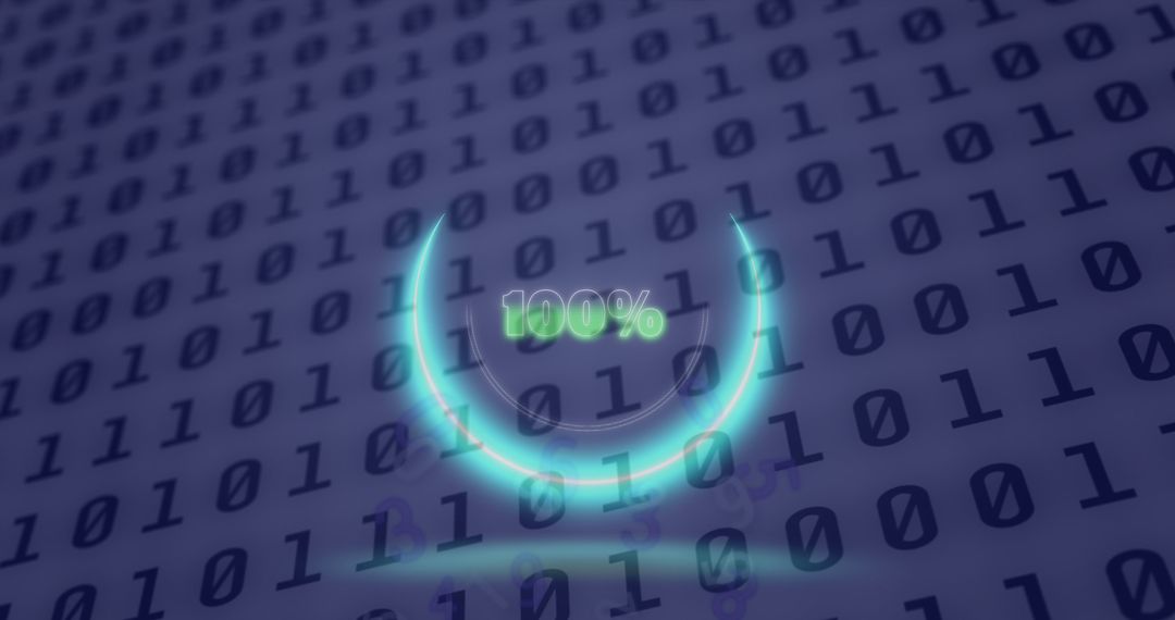 Glowing 100 Percent Neon Circle Over Binary Code