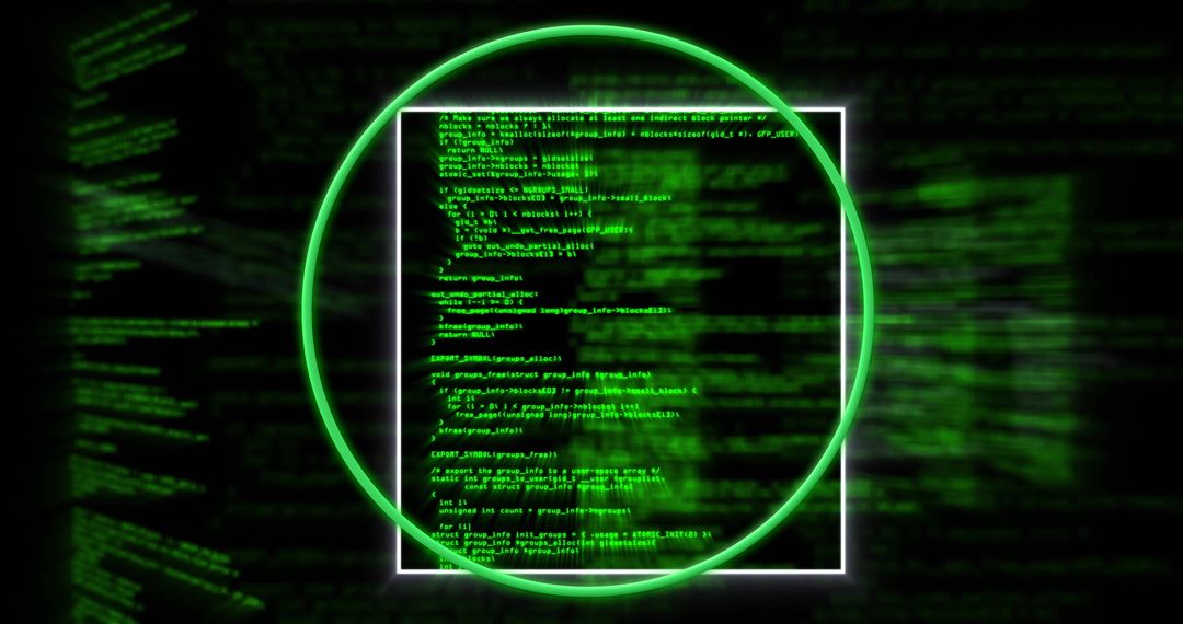 Futuristic Data Processing with Green Code Elements and Neon Circle