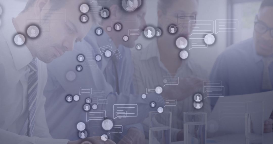 Business Team Collaborating in Modern Boardroom with Digital Icons