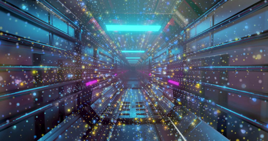 Futuristic Neon Tunnel with Floating Particles in Spaceship Interior