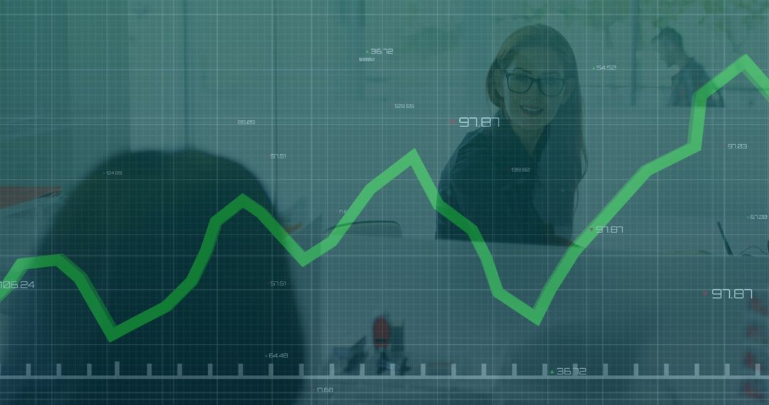Business Women Analyzing Data in Office with Growth Chart Overlay