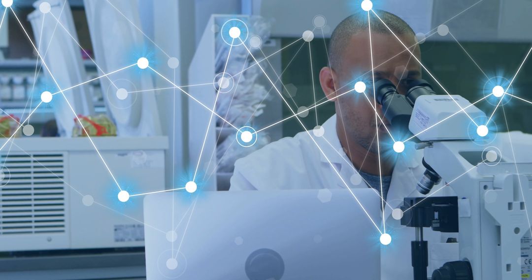 Scientist Examining in Lab with Digital Innovation Graphic Overlay