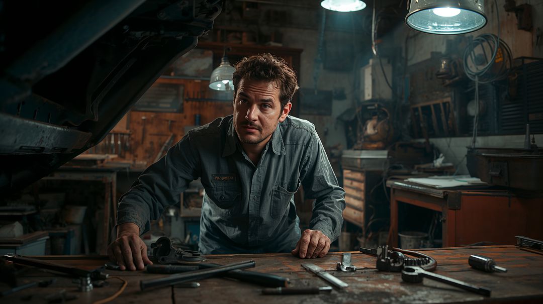 Focused Mechanic Leaning Over Engine Bay Repairing Car on Rustic Workbench in Vintage Garage