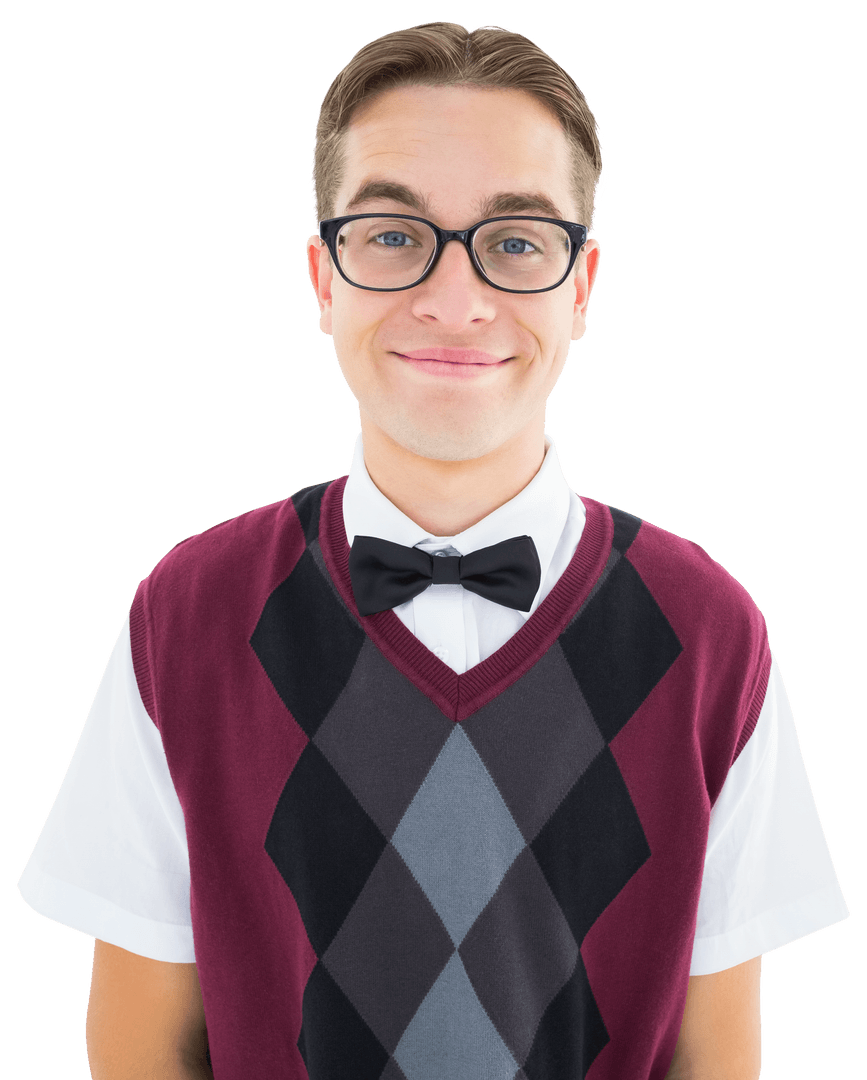 Transparent Smiling Geeky Hipster with Sweater Vest and Glasses