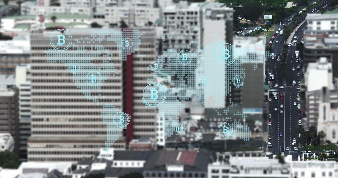 Digital Interface Highlighting Global Bitcoin Transactions in a City Skyline