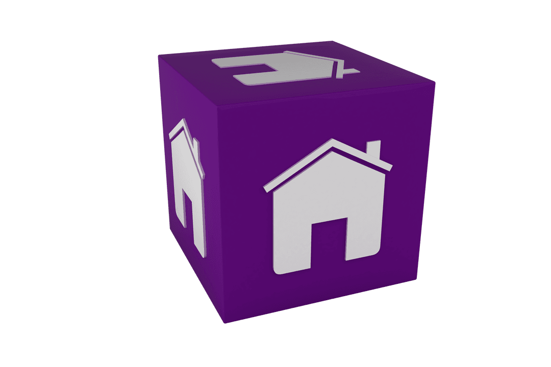 Purple Cube with White House Icons on Transparent Background