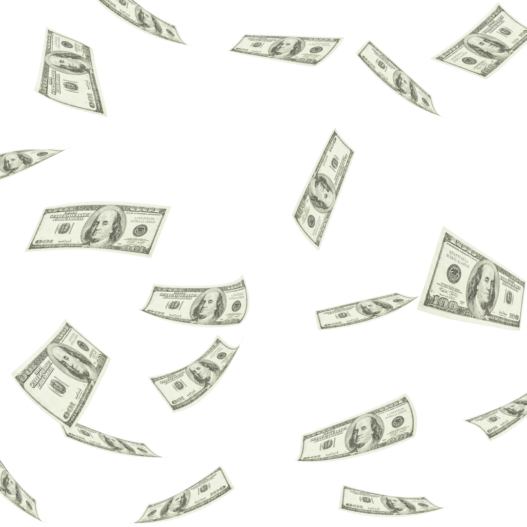Floating Hundred Dollar Bills on Transparent Background