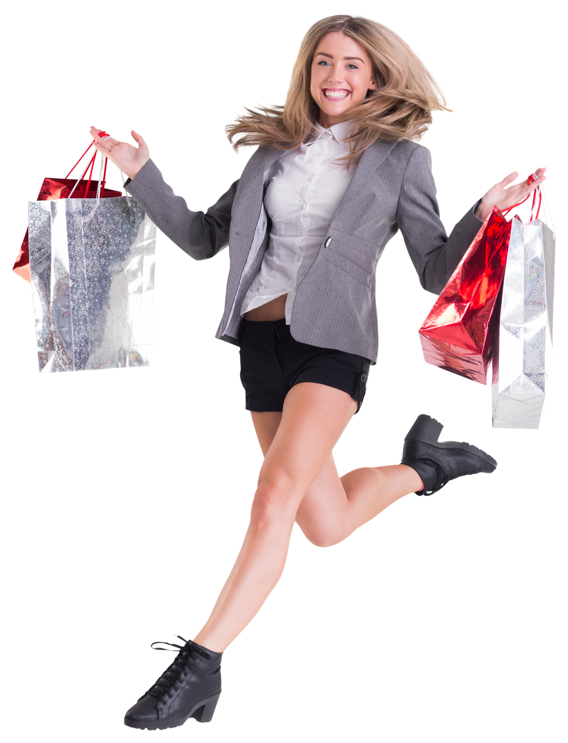 Transparent Background Smile Blonde Woman Jumping with Festive Shopping Bags - Download Free Stock Images Pikwizard.com