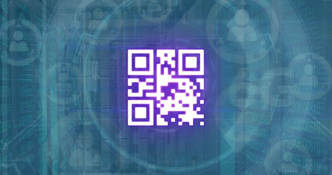 Digital QR Code with Network and Data Icons Overlay