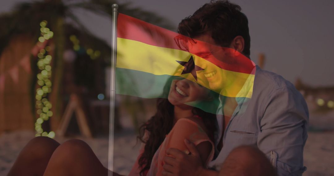Couple Hugging at Twilight with Ghana Flag Overlay on Beach