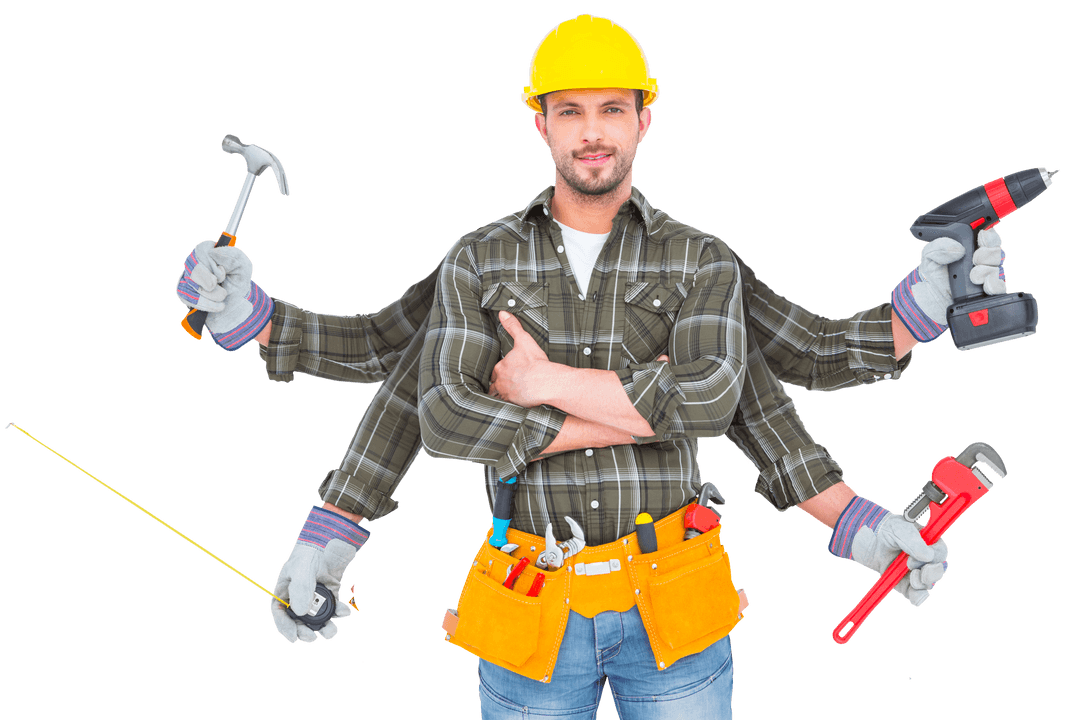 Transparent Multi-Arm Construction Worker Illustration for Creative Projects