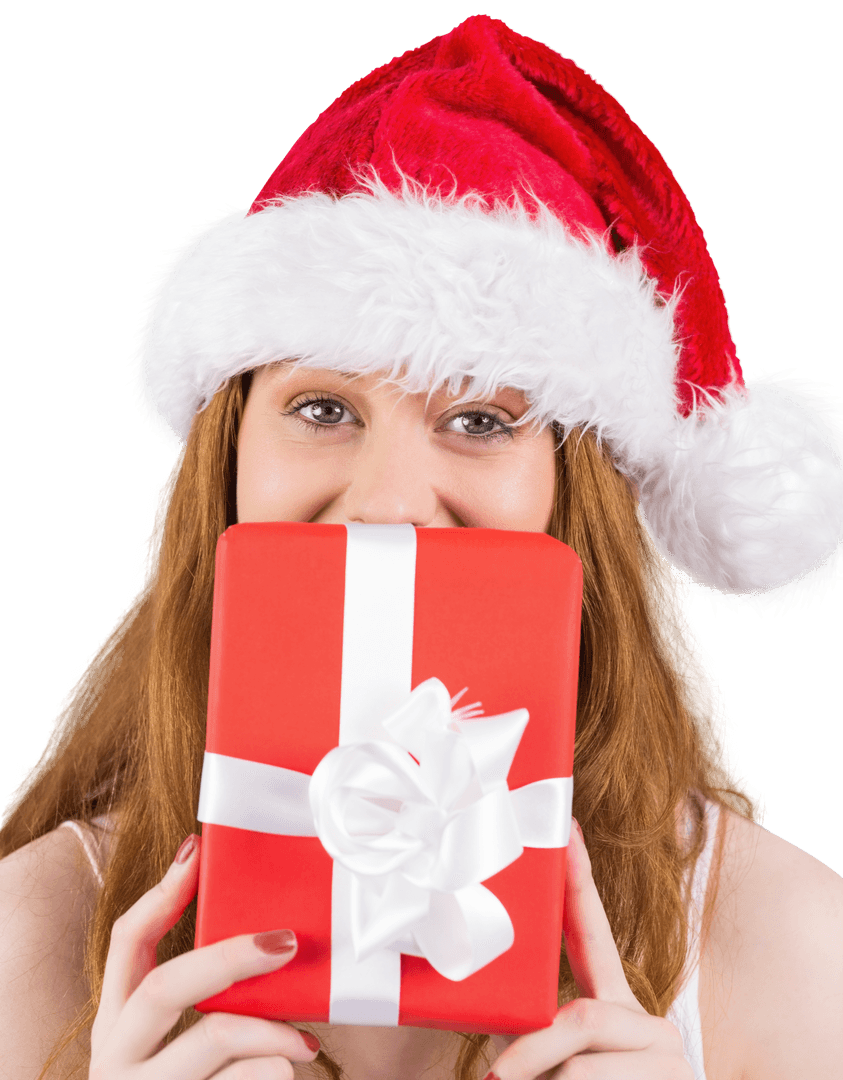 Redhead Woman with Santa Hat and Gift on Transparent Background
