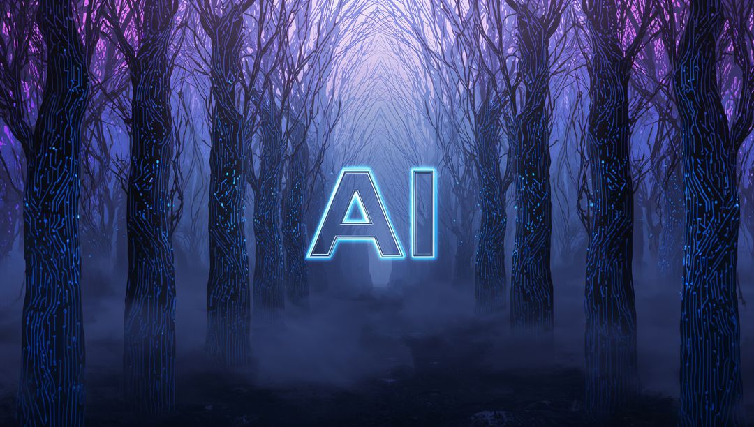 Glowing AI Neon Sign Illuminating Circuit-Patterned Tree Trunks in Misty Cyber Forest
