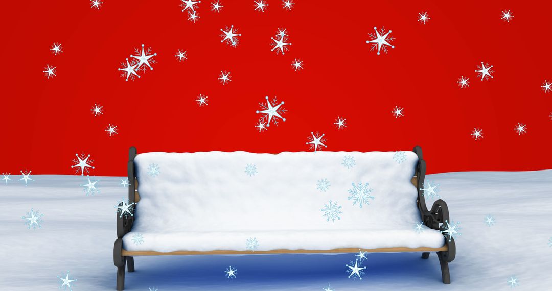 Snow Covered Bench on Red Winter Background with Falling Snowflakes - Free Images, Stock Photos and Pictures on Pikwizard.com