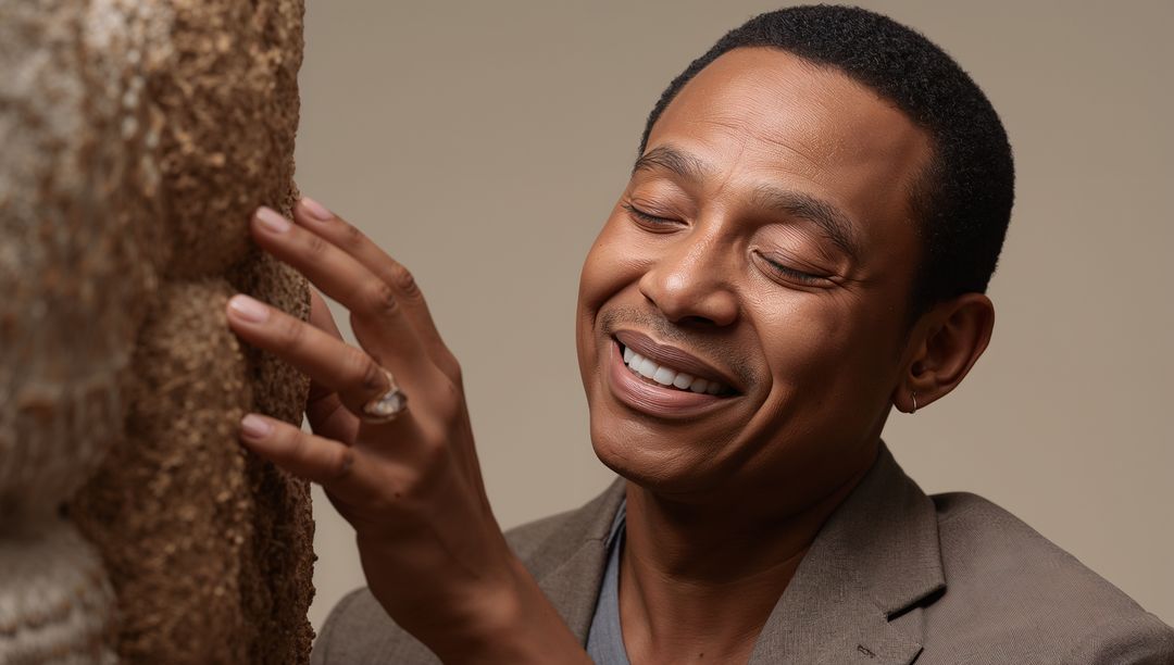 Smiling Man Embracing Cultural History in Museum
