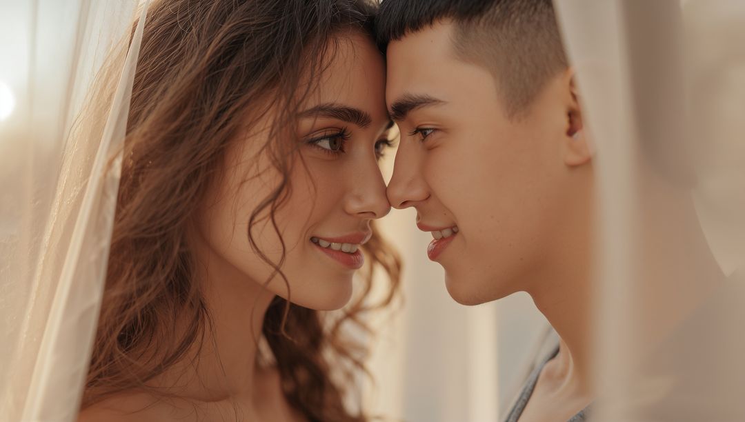 Intimate couple touching foreheads under sheer veil during golden hour closeup softly lit