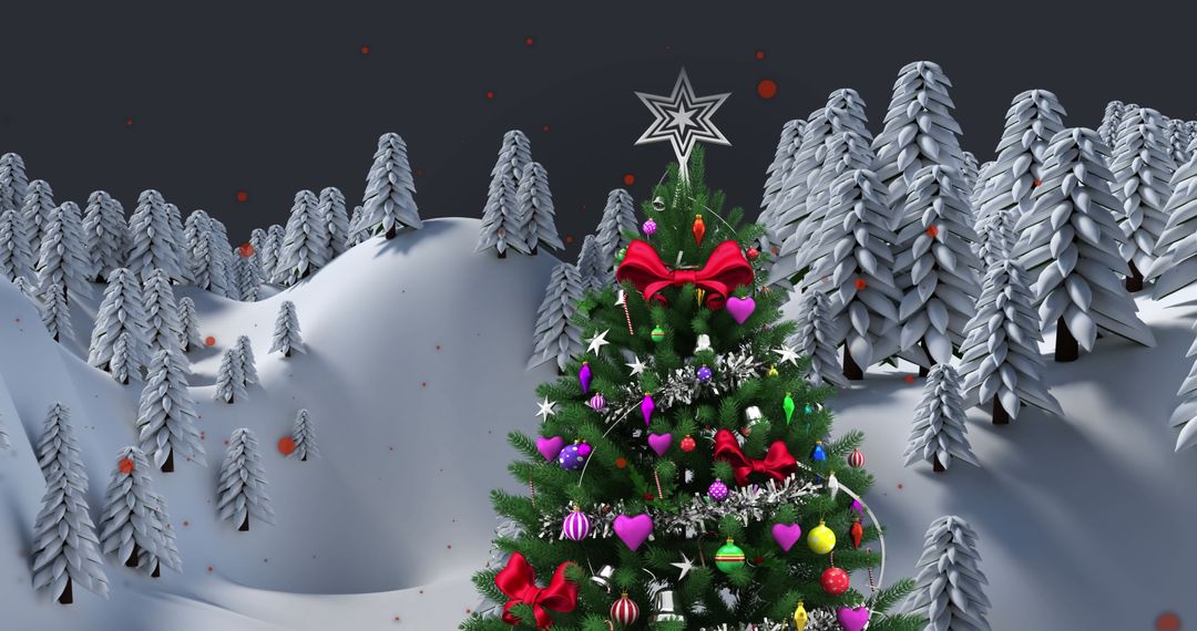 Christmas Tree with Red Particles on Snowy Landscape