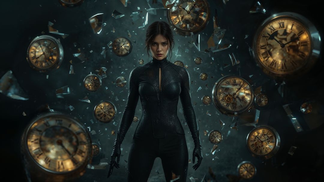 Futuristic operative assassin amidst floating brass clocks in dystopian setting