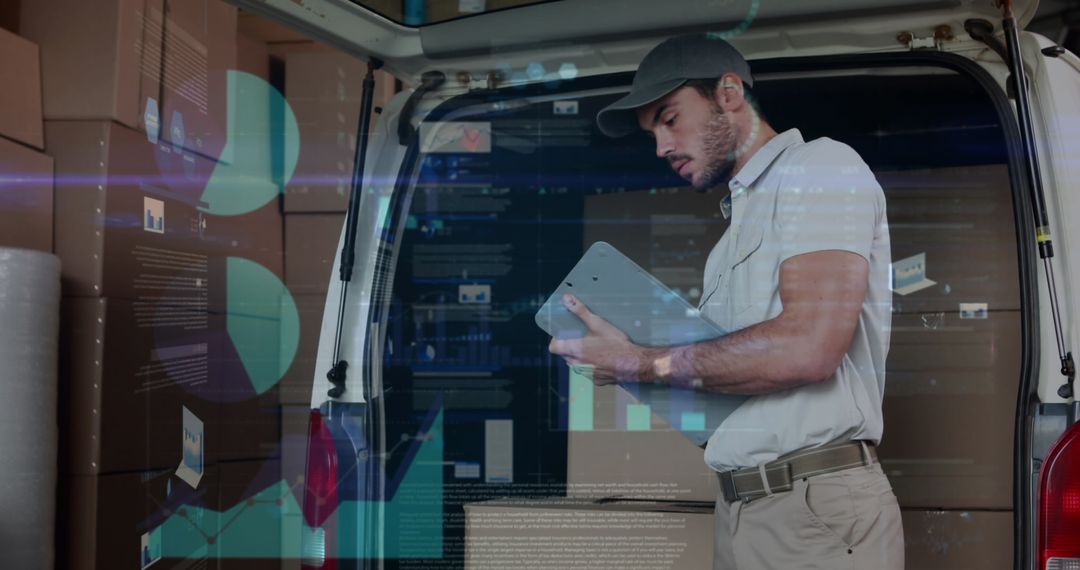 Delivery Man Managing Packages with Digital Data Overlay