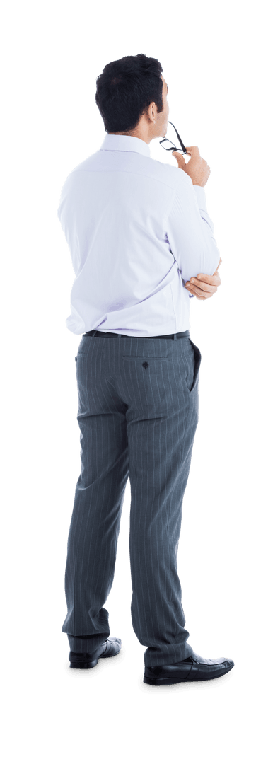 Pensive Biracial Businessman Stands on Transparent Background