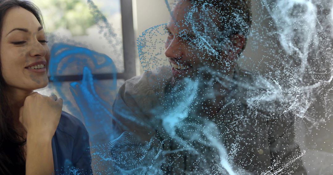 Colleagues Analyzing Futuristic Digital Interface in Modern Office